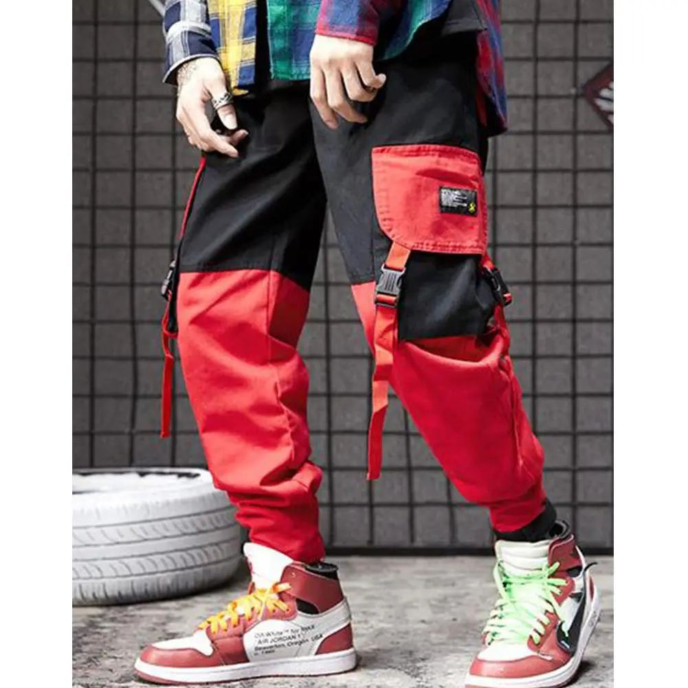 

Yiwa Men pants Pockets Retro Contrast Color cotton Cargo Pants Patchwork Jogger Fashion Trousers Tide Harajuku Streetwear