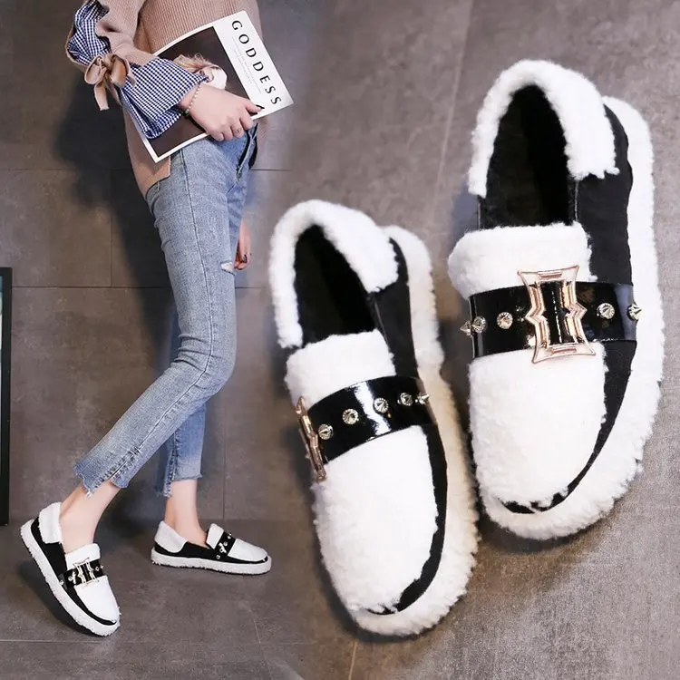 

Fluffy Shoes Women's 2019 Autumn New Style Korean-style Versatile Flat Rivet Warm Cotton-padded Shoes with Velvet Slip-on Moccos