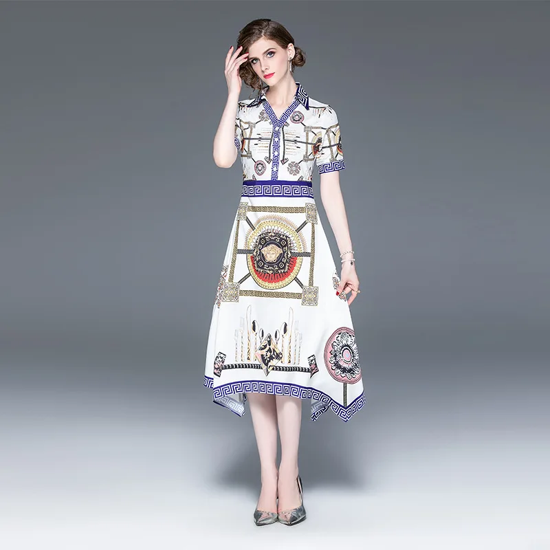 

Photo Shoot-Ozhouzhan Autumn New Style Europe And America WOMEN'S Dress Waist Hugging Retro Positioning Printed Big Hemline Dres