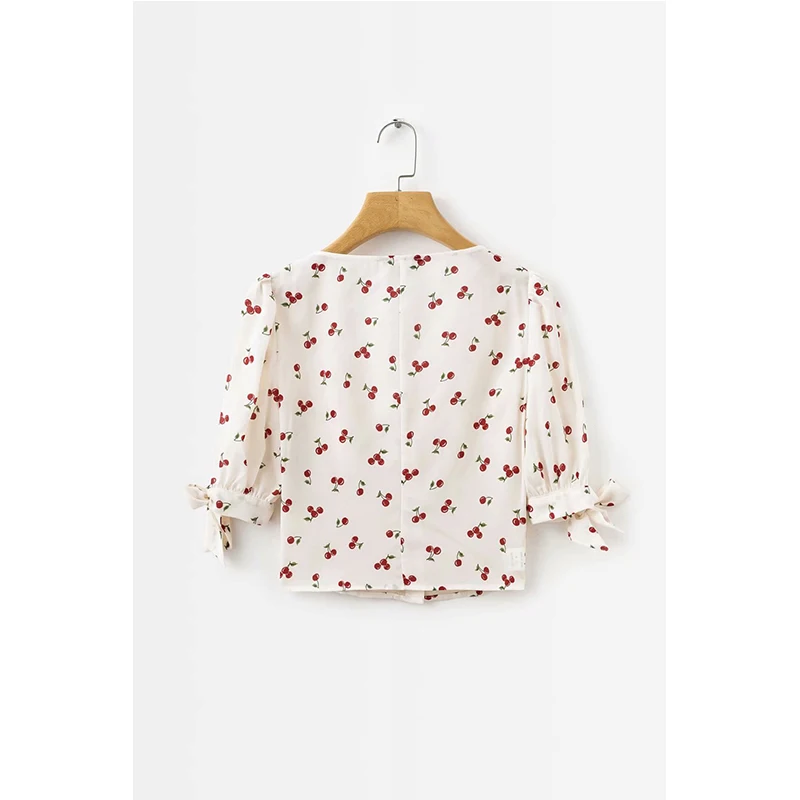 Elegant women's summer blouses and shirt v neck short sleeves with straps loose sexy summer crop top cherry print shirt women