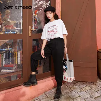 

SAM'S TREE Khaki Solid Straight Casual Women Cargo Pants 2020 Spring Pure Black Elastic Waist Ladies Korean Daily Trousers