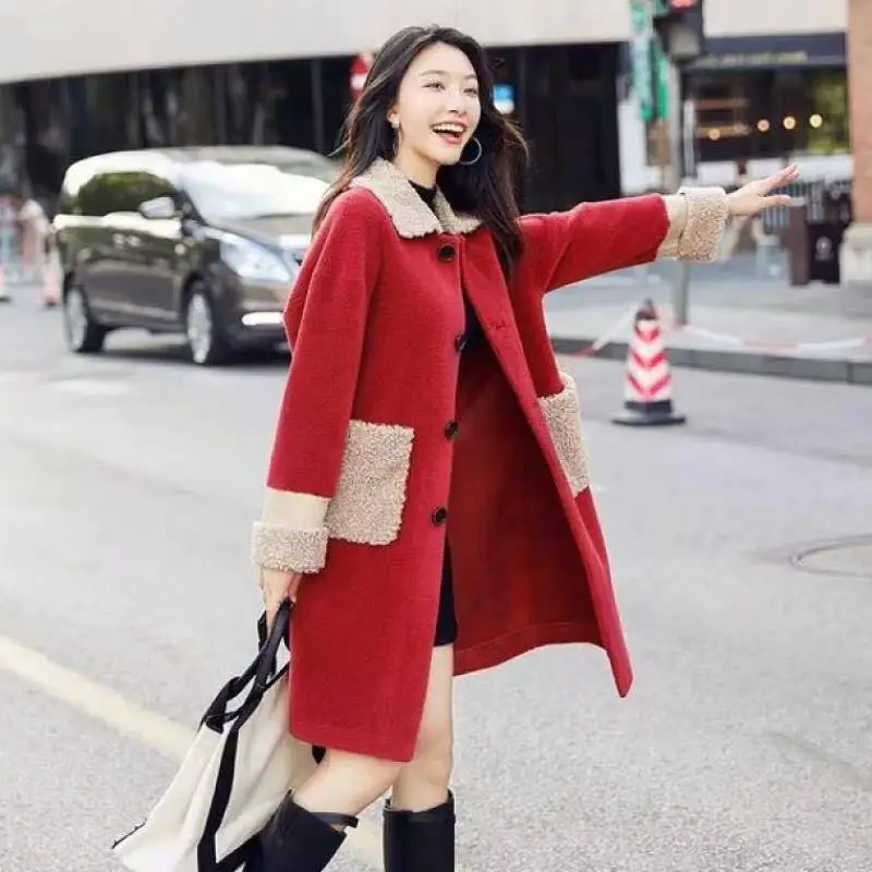 Пальто из искусственного меха, женское повседневное меховое плотное теплое длинное пальто из искусственного меха ягненка, свободное зимнее пальто для женщин, chaqueta mujer - Цвет: Красный