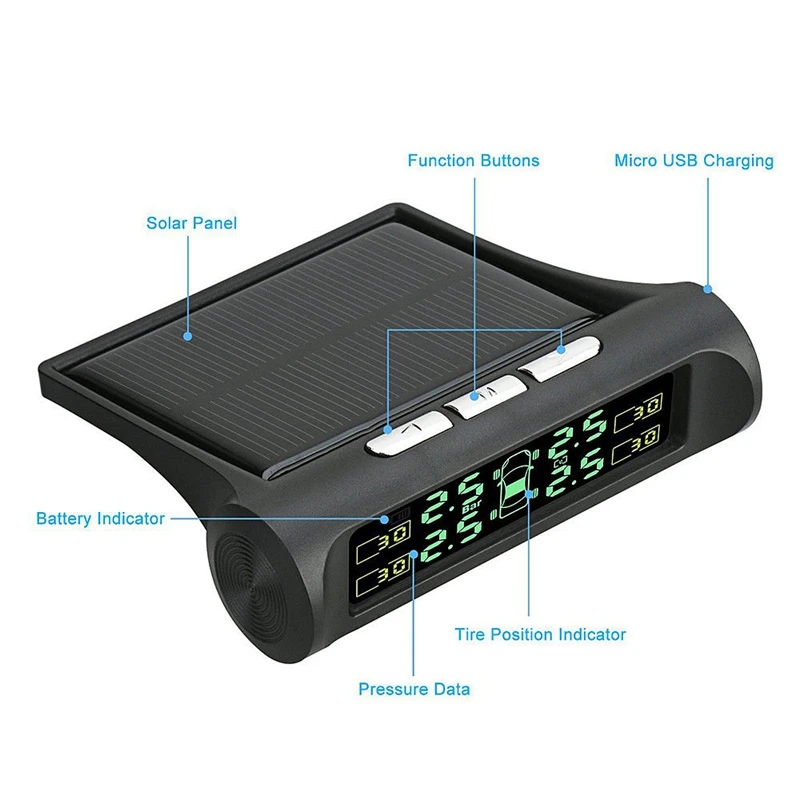 Солнечная энергия автомобиля TPMS беспроводной монитор давления в шинах Система сигнализации ЖК-дисплей Высокоточный цифровой контроль давления в шинах