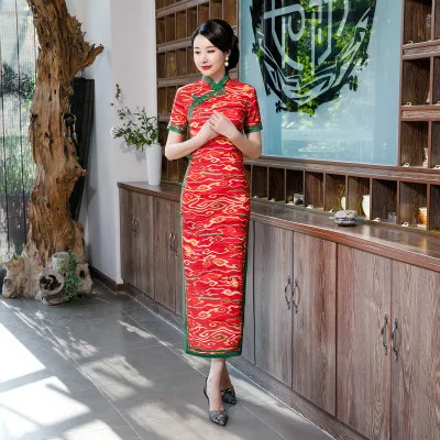 Sheng Coco шелковое платье Qipao Vestidos женское китайское традиционное Xiangyun Узорчатое вечернее платье для приема Cheongsam - Цвет: red print qipao