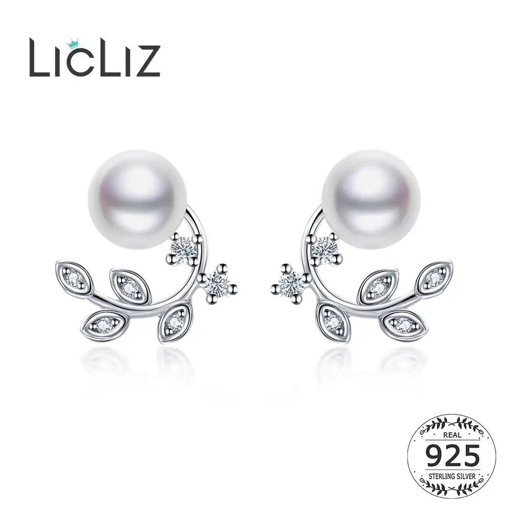 

LicLiz 2019 New 925 Sterling Silver Simulated Pearl Stud Earrings for Women Zircon Diamond Leaf Earring Dating Jewelry LE0620
