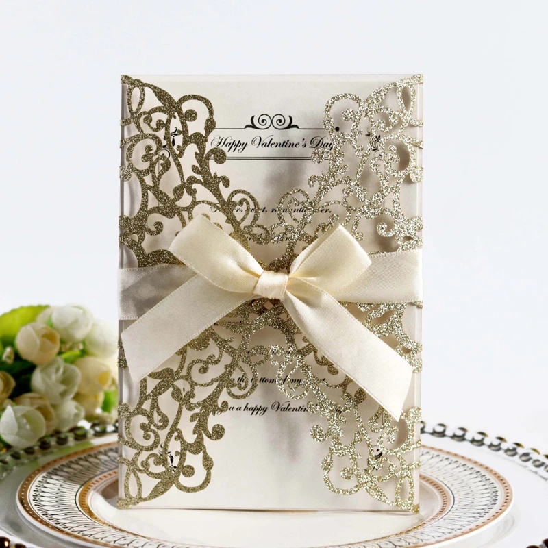 Paillettes Mariage Invitation Carte VALENTINE'S Jour Carte de vœux avec Diamant Ruban
