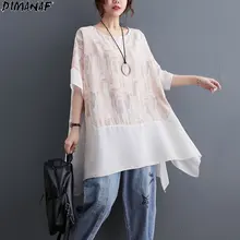  DIMANAF  Women T-Shirt White Bat Floral Print Patchwork Chiffon O-Neck Tops Shirt Loose Summer 2021 Solid New Tees 5XLOversize 