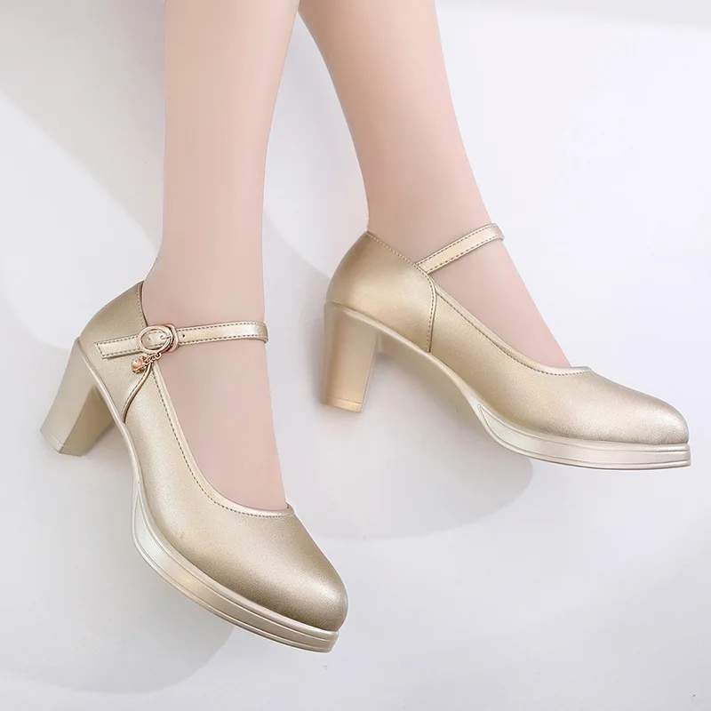 QianNML Brand Women's Split Leather Shoes 2022 5.5 8.5 11cm Breathable High Heels Pumps Women  single Shoe gold 33 34 41 42 43