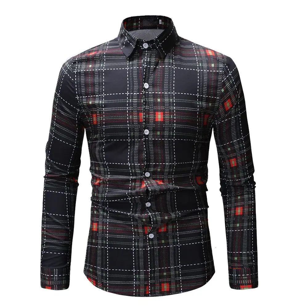Мужские рубашки с длинным рукавом Slim Fit Брендовые мужские рубашки дизайнерская Высококачественная Клетчатая Мужская одежда деловые рубашки - Цвет: ML17 black