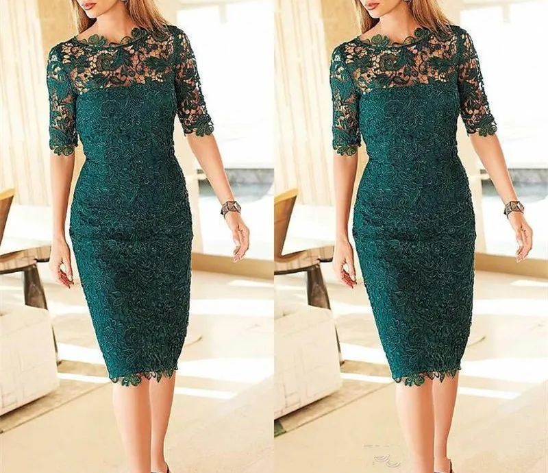 

Gorgeous Lace Mother of The Bride Dresses 2019 Sheath Column Tea Length Emerald Green Half Sleeves Party evening Gowns Custom