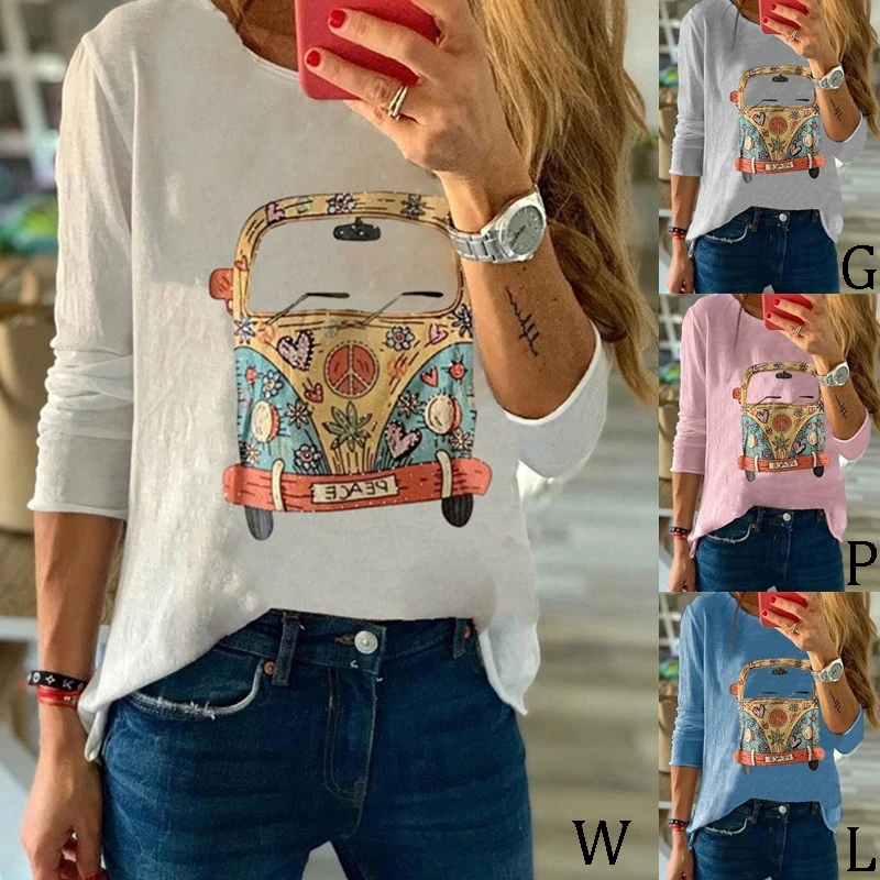 

Woman Cotton Print T-shirts Long Sleeve O-Neck T-Shirt Fashion Loose Women Tops Soft 2020 Autumn Lady Casual Tshirt 