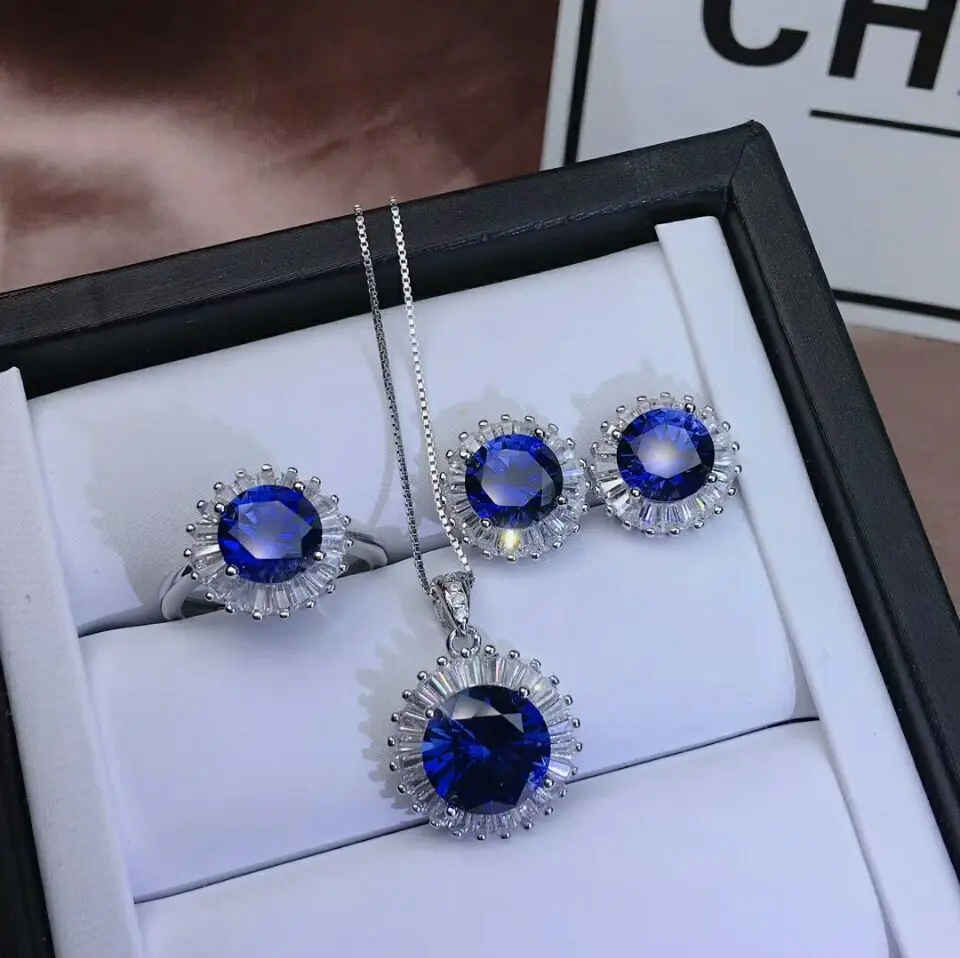 MeiBaPJ роскошный темно-синий натуральный сапфировый цветок ювелирный набор из стерлингового серебра 925 пробы, 3 предмета Siut хорошие Свадебные украшения для женщин