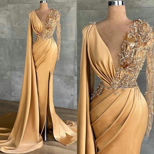 Petra Taupe Gold Satin Embellished Modest Gown – unmatchedbyu