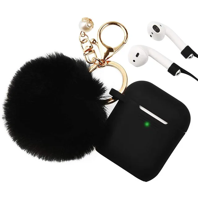 Protective Case multi colors with lost-proof and Keychain hooks lovely hair ball Silicone Bluetooth Earphone For airpods 1 2 1 2black