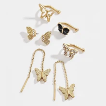 7 шт./компл. нового дизайна с украшением в виде крыльев бабочки; цветного шрусталя с золотыми гвоздиками для Для женщин Мода СТРАЗА на длинной цепочке серьги маленькие серьги клипсы золотое покрытие ювелирных изделий