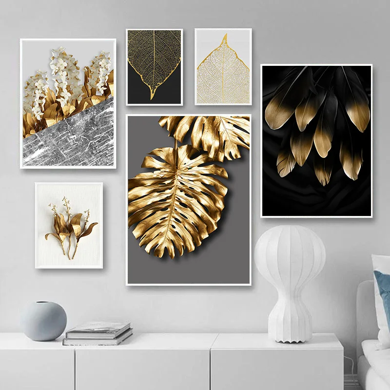 Plant Poster Canvas-Painting Wall-Backdrop Art-Decor Print Minimalist Golden-Leaves Home-Wall