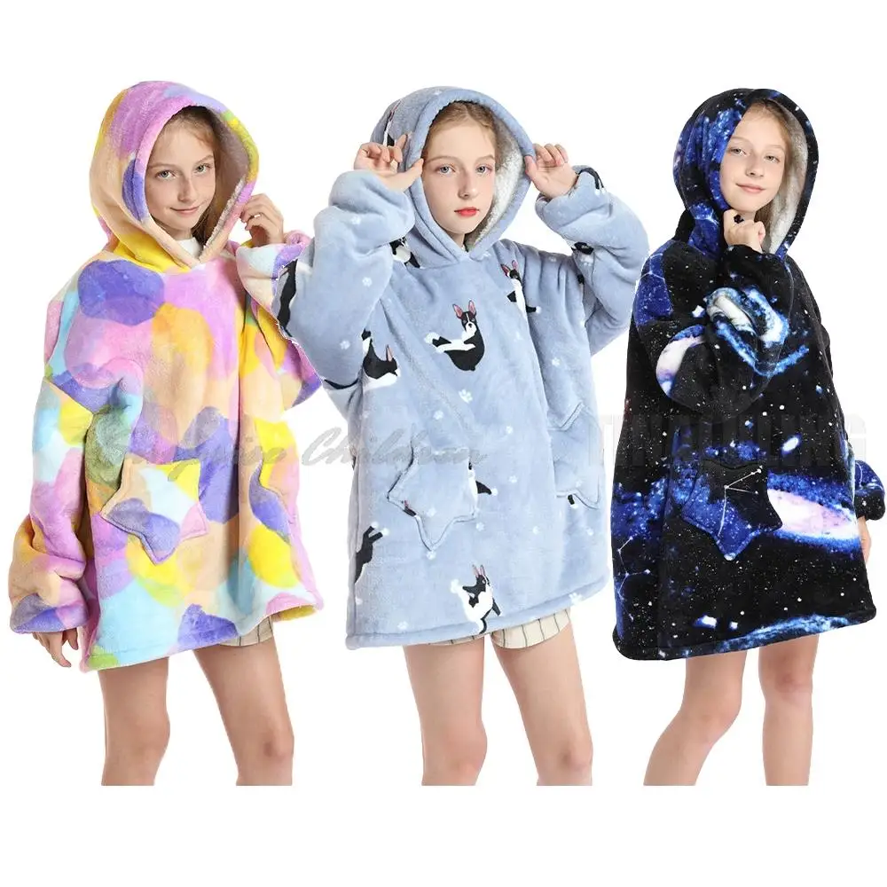 Kids Large Fleece Christmas Oversized TV Blanket Sweatshirt Hoodie Children Bathrobe Super Sofa Warm Cozy Coral Fleece Hoodies