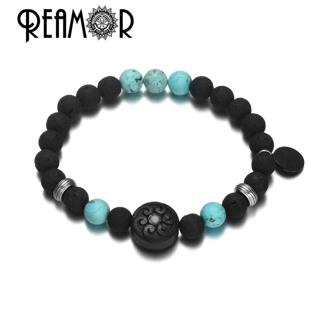 REAMOR Women& Men Matte Black Volcanic Onyx Beads Charm Bracelet Engraved Wooden Beaded Bracelets With Stainless steel Tags - Окраска металла: YSBK003 d