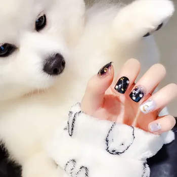 

Diamond Short Black 24 sheet/set Fake False Nail Tips Round Glue Manicure Makeup New Design Photo Therapy Art Nail Stickers L57