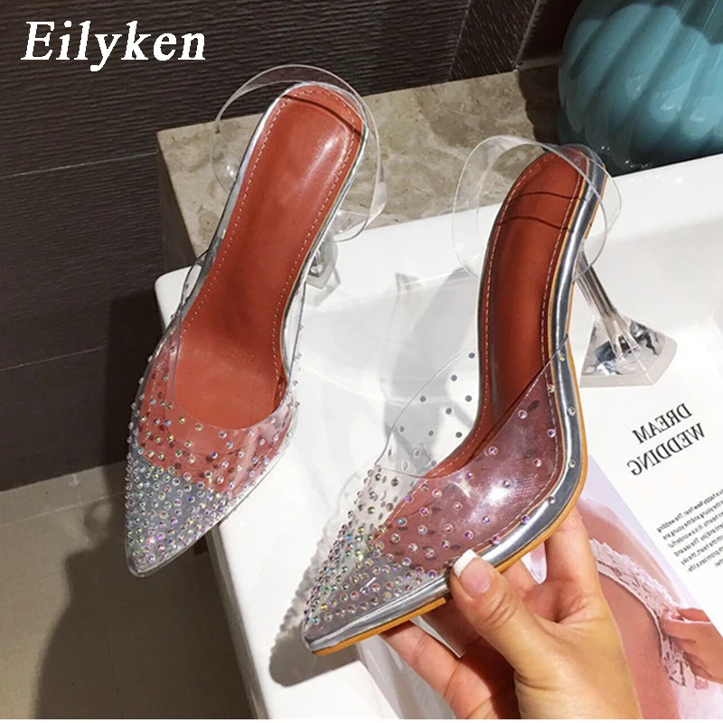 Transparent Eilyken/Новинка года; прозрачные туфли-лодочки из ПВХ с украшением в виде бриллиантов; босоножки; Каблук из плексигласа; свадебные туфли-лодочки с острым носком и кристаллами; Цвет Серебристый - Цвет: Transparent