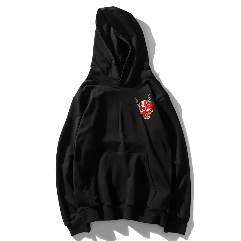 Embroidery Devil Wave Print Hoodies Men Japanese Streetwear Autumn Harajuku Hip Hop Pullover Hoodies Men Sweatshirts Streetwear