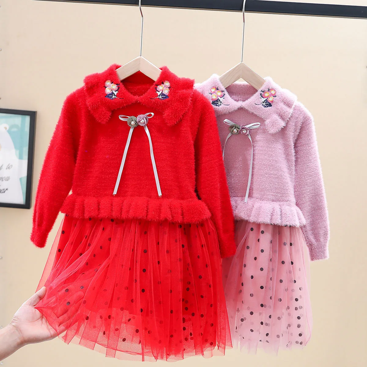 

Girls Dress Sweater Knitted Children Dress 2019 Autumn And Winter New Style Korean-style Lace Fold-down Collar Princess Veil Ski