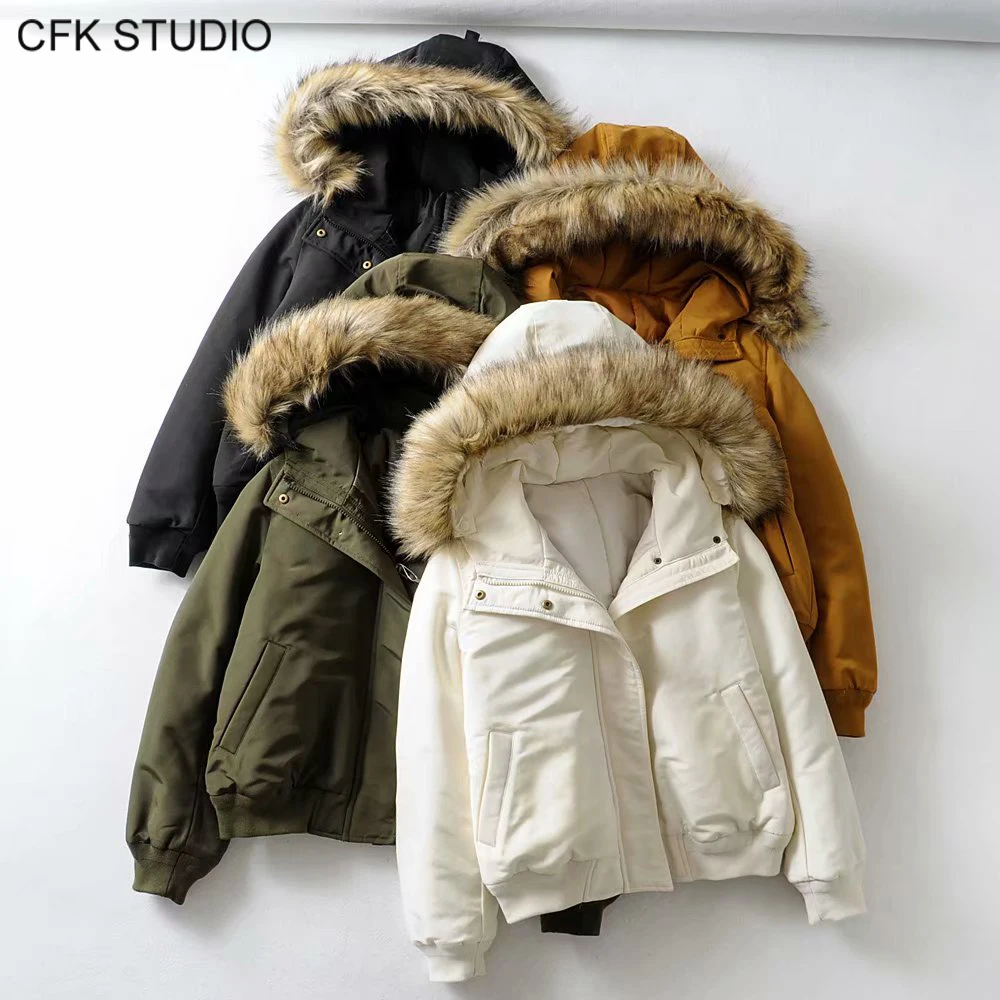 women winter Fur Collar hooded warm coat cotton padded jacket female basic parka womens wadded jaqueta feminina top