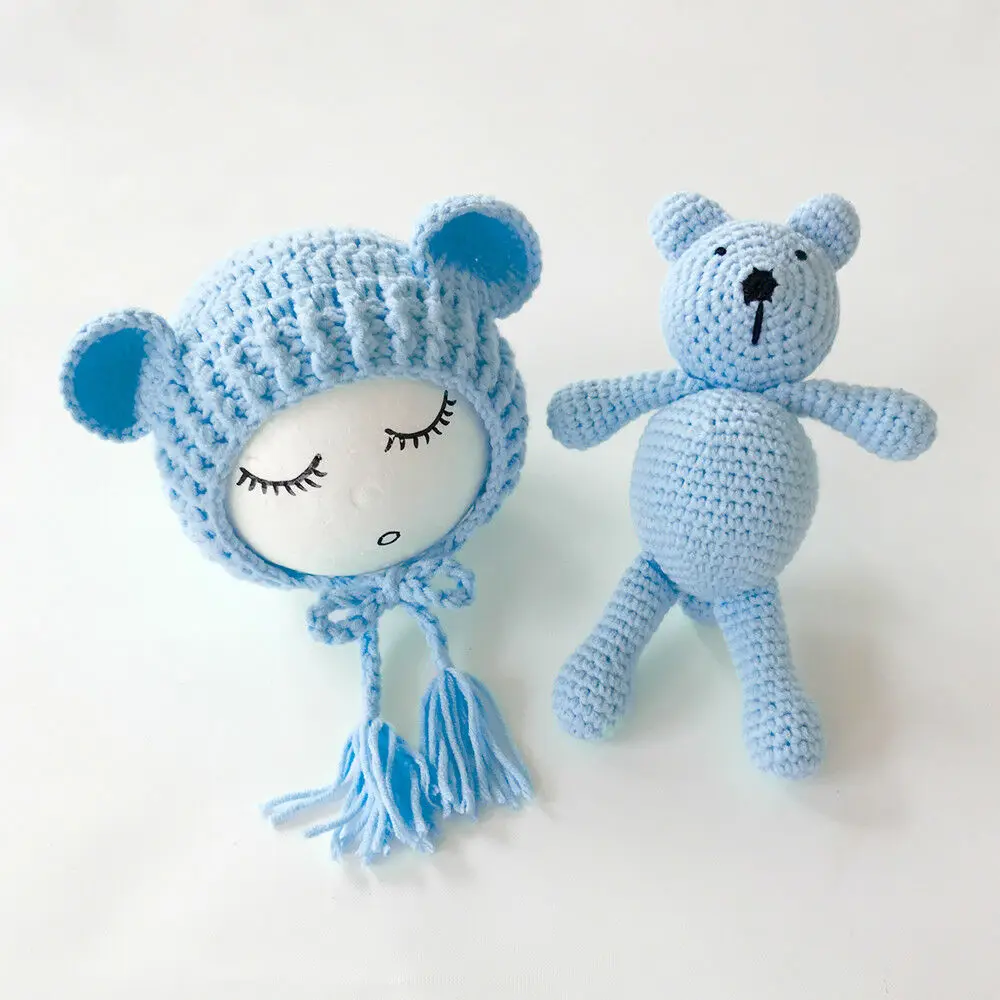 Одежда для новорожденных девочек и мальчиков; вязаный костюм «кроше» для фотосессии; вязаная шапка с милым медведем - Цвет: Синий
