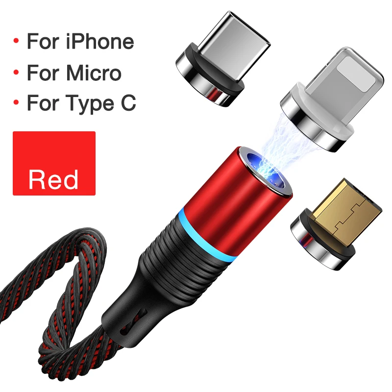 Cafele New LED QC3.0 Magnetic USB Cable for iphone Micro USB Type C 3 in 1 round multi function nylon charging cable For Huawei - Цвет: red