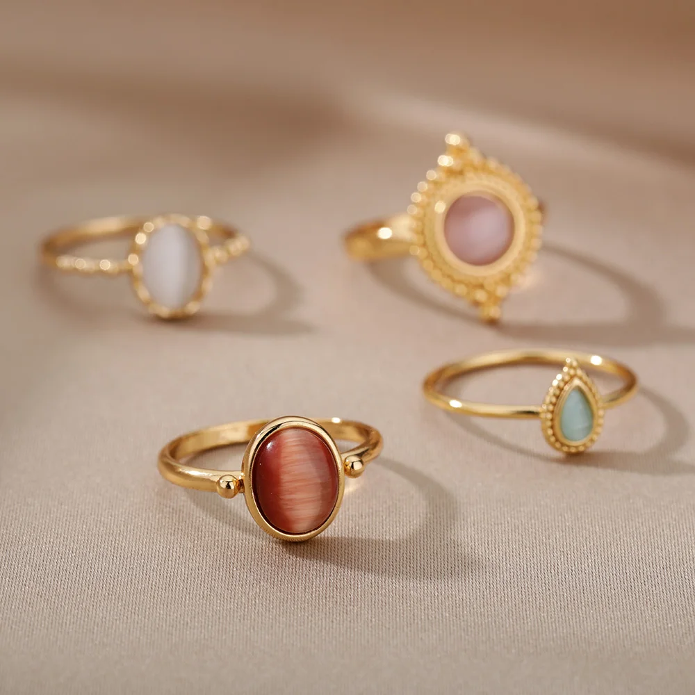 Bagues en opale rouge pour femmes, bague de doigt de couleur or en acier inoxydable, bracelet de mariage, bijoux esthétiques Vintage anillos mujer