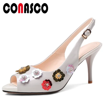 

CONASCO Women Sandals Pumps Spring Summer New Patent Leather High Heels Appliques Fashion Party Wedding Peep Toe Shoes Woman