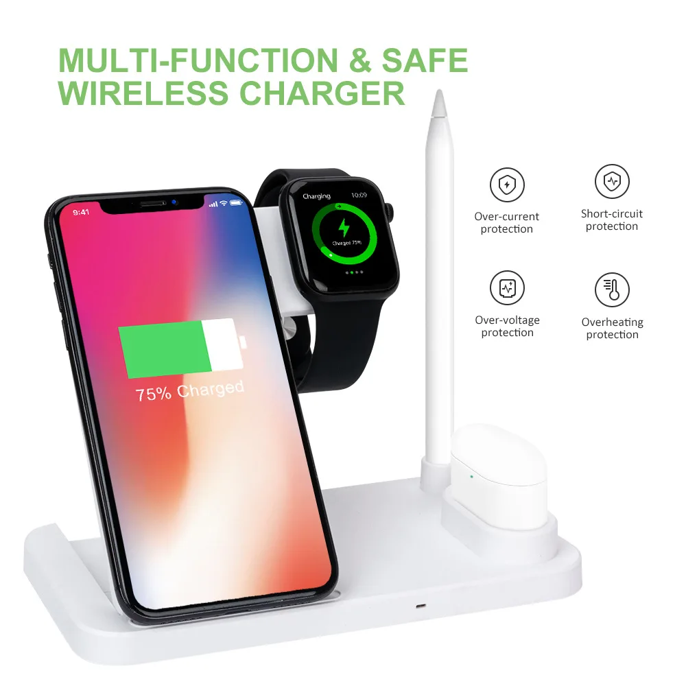 

4 In1 10W Fast Wireless Charger Dock Station Fast Charging for IPhone XR XS for Apple Watch 2 3 4 AirPods Samsung Qi Charger