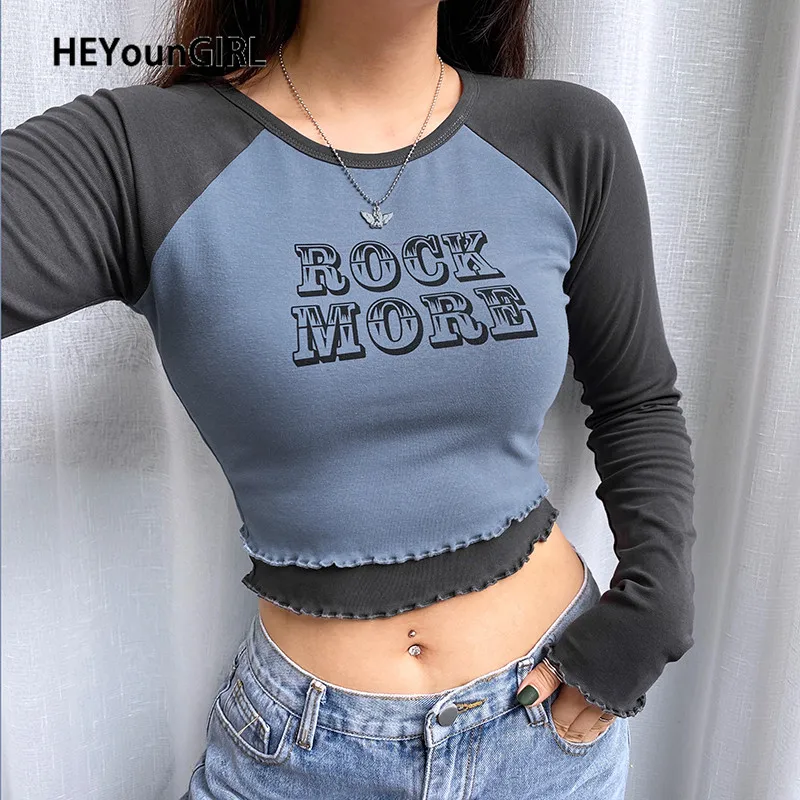 HEYounGIRL מזויף 2 חתיכות מכתב הדפסת כותנה חולצת טי נשים סתיו מזדמן יבול למעלה T חולצה גבירותיי אופנה בסיסית חולצה החורף|חולצות טריקו| - AliExpress