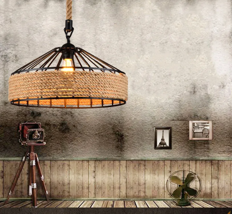 American Retro Iron Base Hemp Rope Chandelier Bar Cafe Restaurant Black Creative Industrial Wind Chandelier