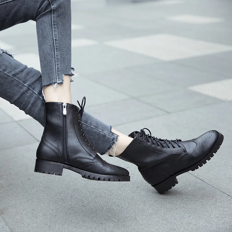 

Women's Mid Calf Boots Leather Booties Autumn Shoes Low Heels booties Bootee Woman 2019 Round Toe Zipper Luxury Designer Rubber