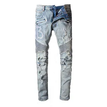 

KIOVNO Men's Pleated Biker Jeans Pants Washed Ripped Distressed Denim Trousers Male High Street