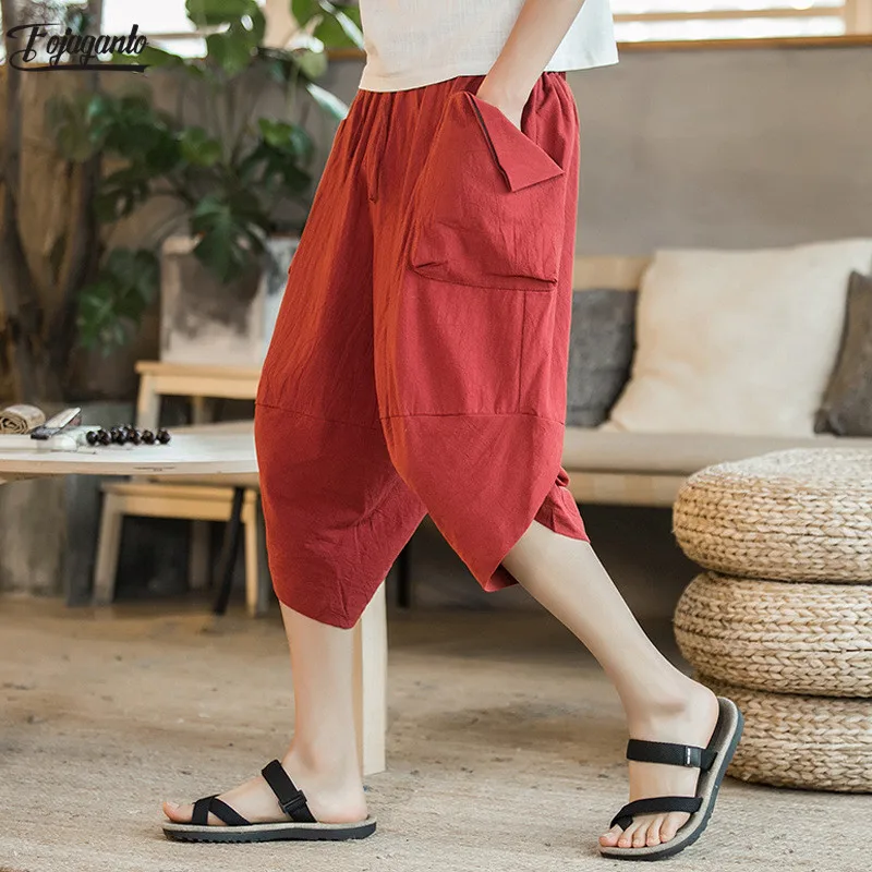 

FOJAGANTO Men's Summer Cropped Trousers Chinese Style Solid Color Comfortable Pants Fashion Trend Linen Leisure Pants Men