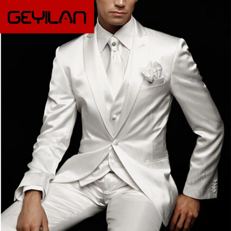 

New Arrival Custom Made ivory bright Men Wedding Suits Groomsmen Suits 2017 new formal Groom Wedding men Suit Jacket+Pants+Vest