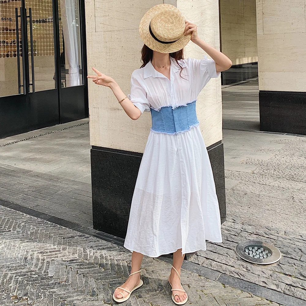 

Photo Shoot 2019 Summer New Style WOMEN'S Dress Sense of Design Retro Laziness-Style Cowboy Joint Shirt Dress Waist Hugging Dres