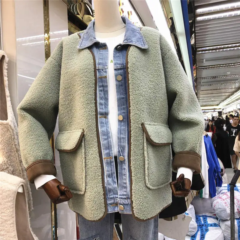 Autumn Winter Lambs Wool Coat Women Patchwork Denim Turn Down Collar Jacket Female Loose Outerwear Overcoat Abrigos Mujer