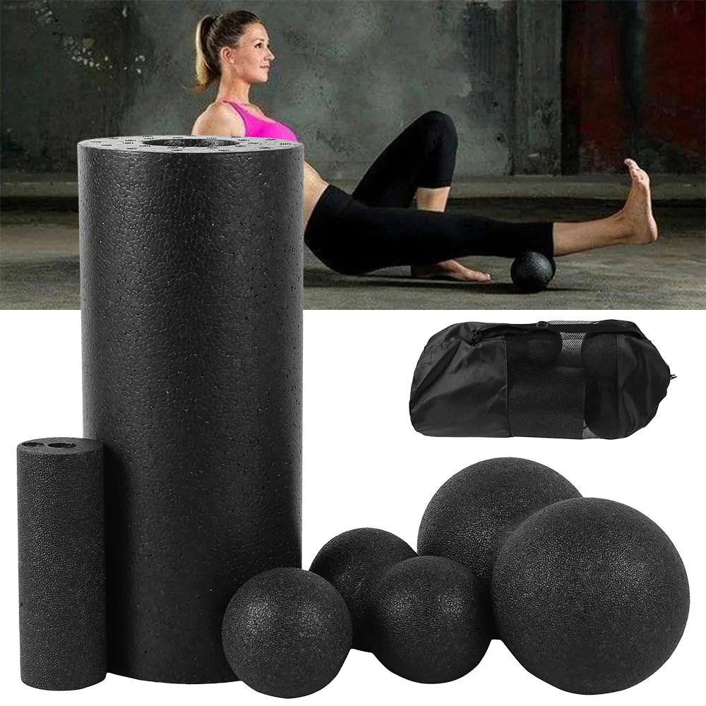 5pc Pilates Foam Roller Black Yoga Massage Foam Roller Fitness Ball Set Massage Muscle Release Exercises Equipment for Women/Men