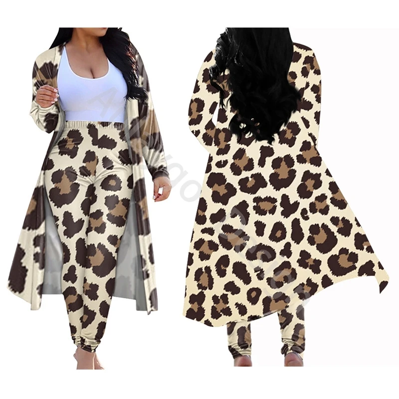 

Women Leopard Clothes Fashion Two Piece Outfits Long Coat Elastic Pants Cool Spring Autumn Clothing For Custom Mujer Chaqueta