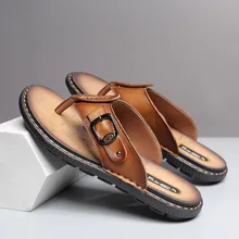 Новинка года; Летние Стильные мужские вьетнамки в Корейском стиле; модные повседневные сандалии из натуральной кожи; мужские шлепанцы