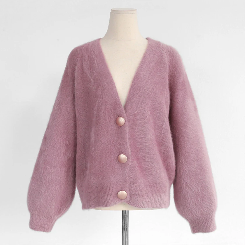 

New Arrival Women Winter Mink Cashmere Cardigan Sweater Soft Knitted Oversize Lantern Sleeve Metal button Casual Top C98502F