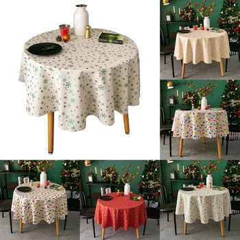

Holiday Cotton Blend Dinning Room Family Gatherings Party Reusable Bronzing Printed Christmas Round Tablecloth Stain Resistant