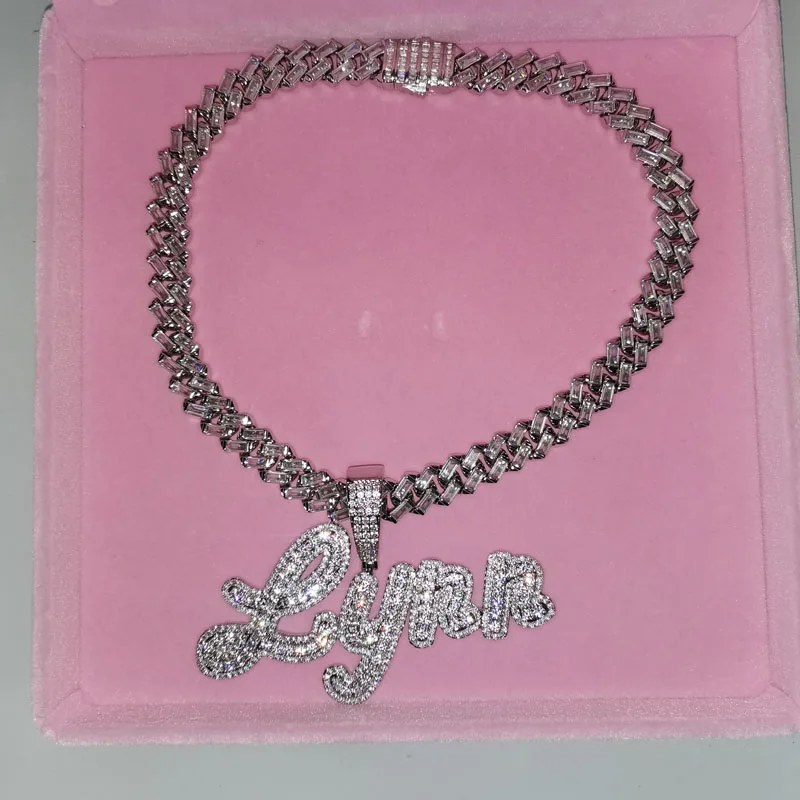 Customized Name Pendant with Iced Out 12mm Baguette Cuban Chain Square Cubic Zirconia Necklace for Women or Men Gift