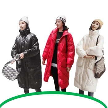 

Hot Sale Down Jacket Women Standing Collar Long Knee Length Korean Large Casual White Duck Down Coat With Big Pocket For Warmth