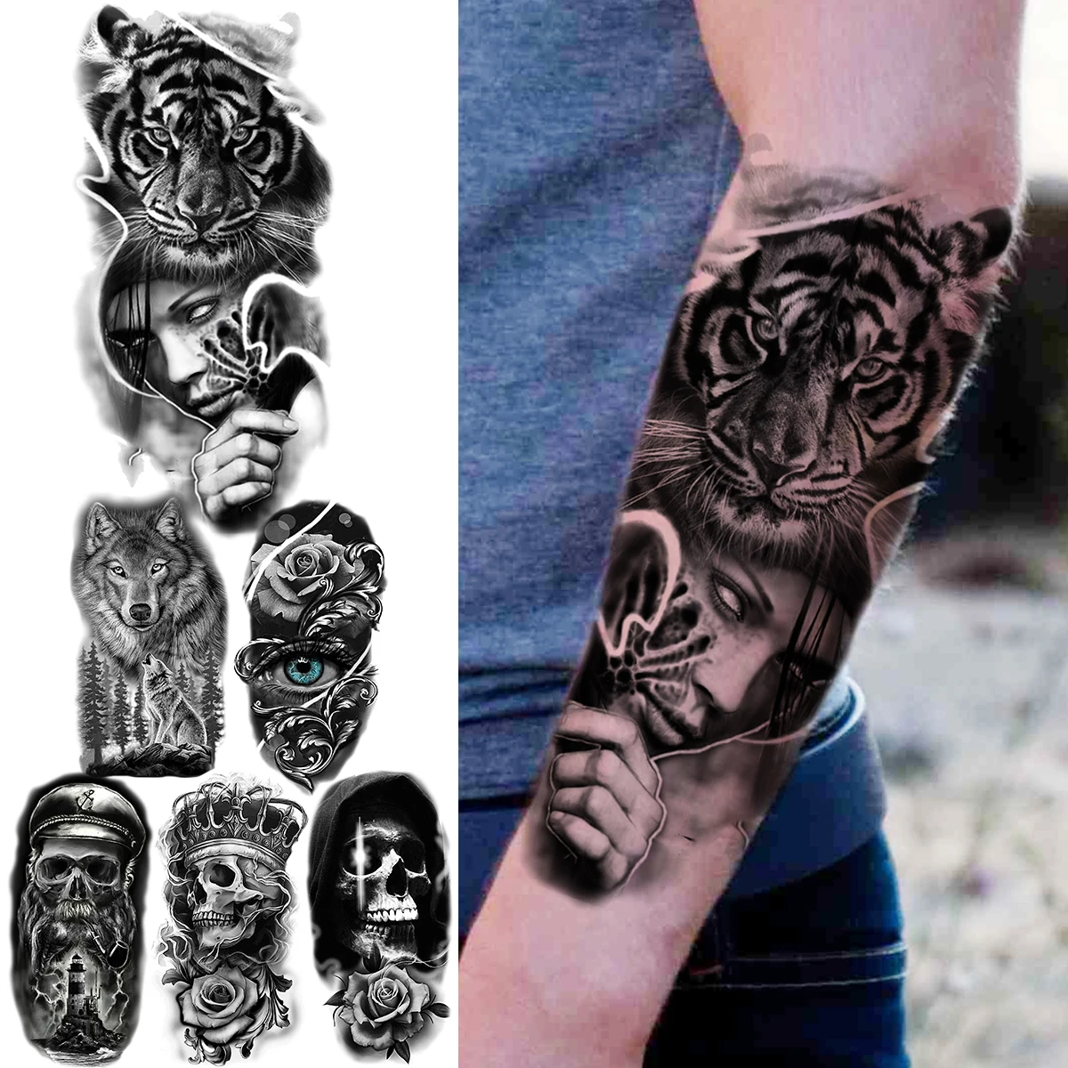 

Tiger Boy Temporary Tattoos For Men Women Adult Wolf Skull Flower Pirate Fake Tattoo Realistic Fake Tattoo Arm Large Thigh Tatoo