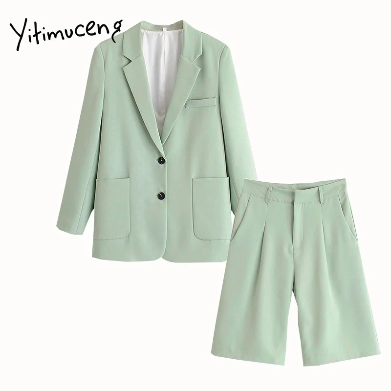 

yitimuceng 2 pieces set short and blazer single breasted high waist bermuda shorts sets women green jacket OL elegant outerwear