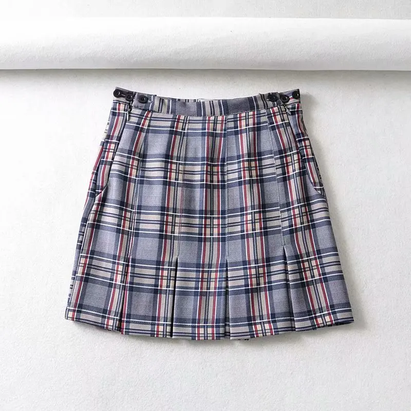 522 tartan T82 Bazaleas уличная клетчатая Женская юбка трапециевидной формы с высокой талией Короткая мини-юбка Харадзюку с боковыми пуговицами клетчатые плиссированные юбки для женщин s - Цвет: 522 tartan T82